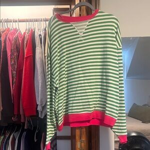 Free People Green and White Striped Sweater with Red Accents
